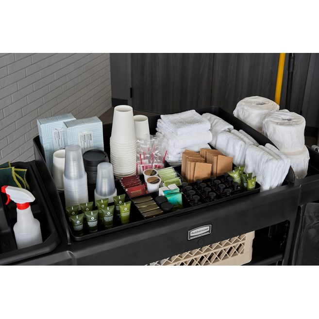 The Full-Size Housekeeping Cart with Accessory Bundle is the complete system solution for efficient housekeeping, offering 360° maneuverability and a new accessory bundle for improved cart organization.