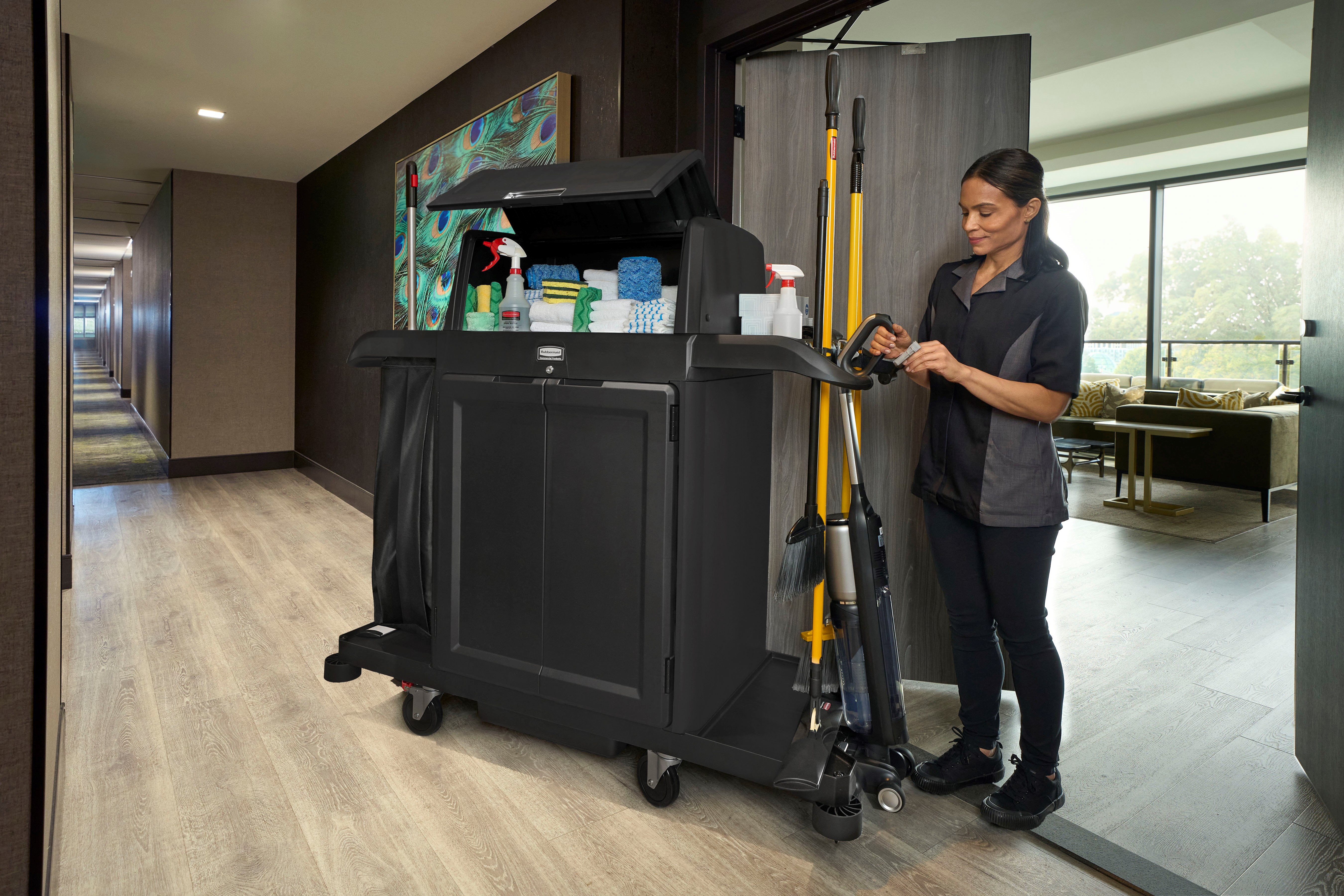 The Vacuum Holder helps to secure vacuums in place on Rubbermaid Commercial Product's Housekeeping Carts.