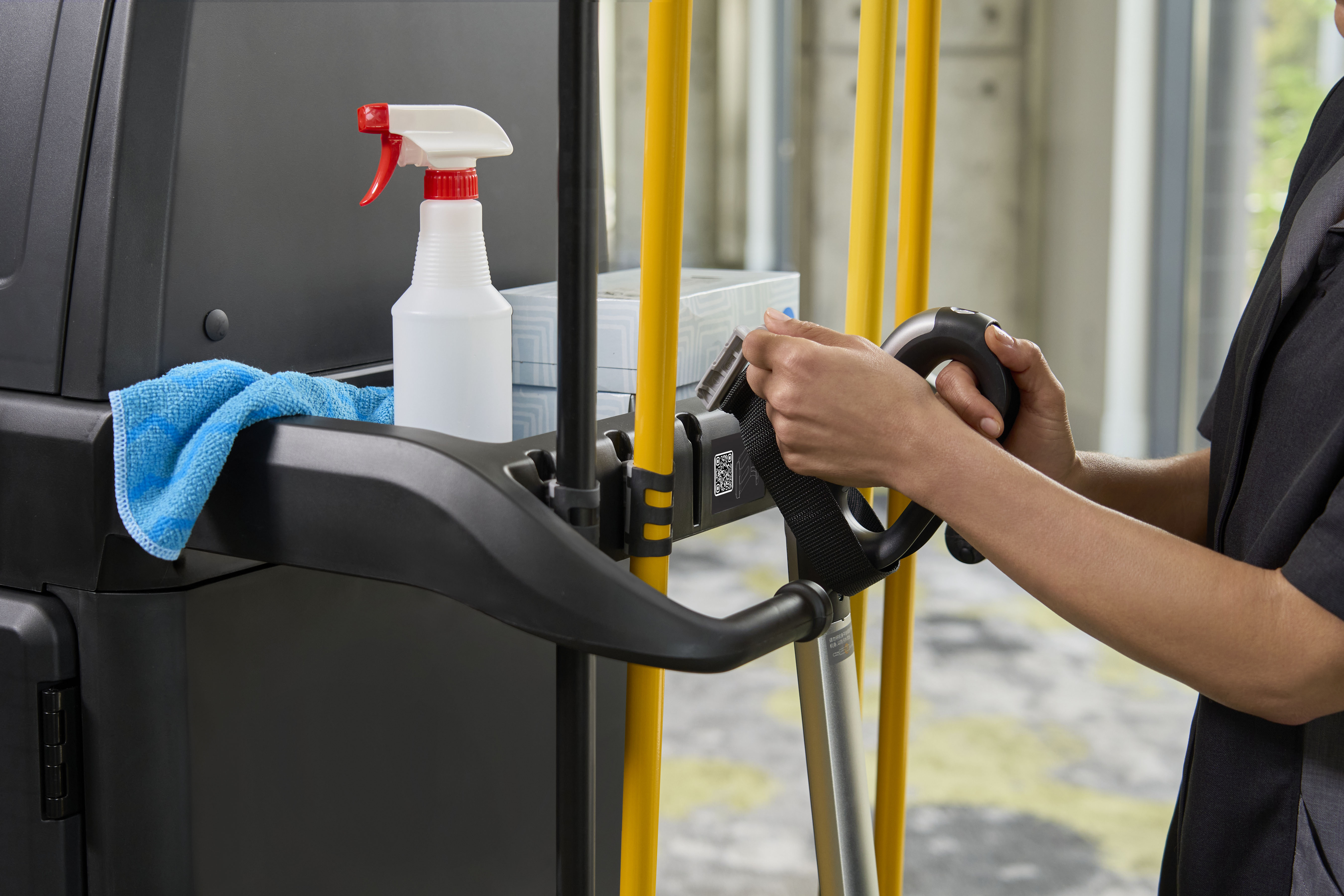 The Vacuum Holder helps to secure vacuums in place on Rubbermaid Commercial Product's Housekeeping Carts.