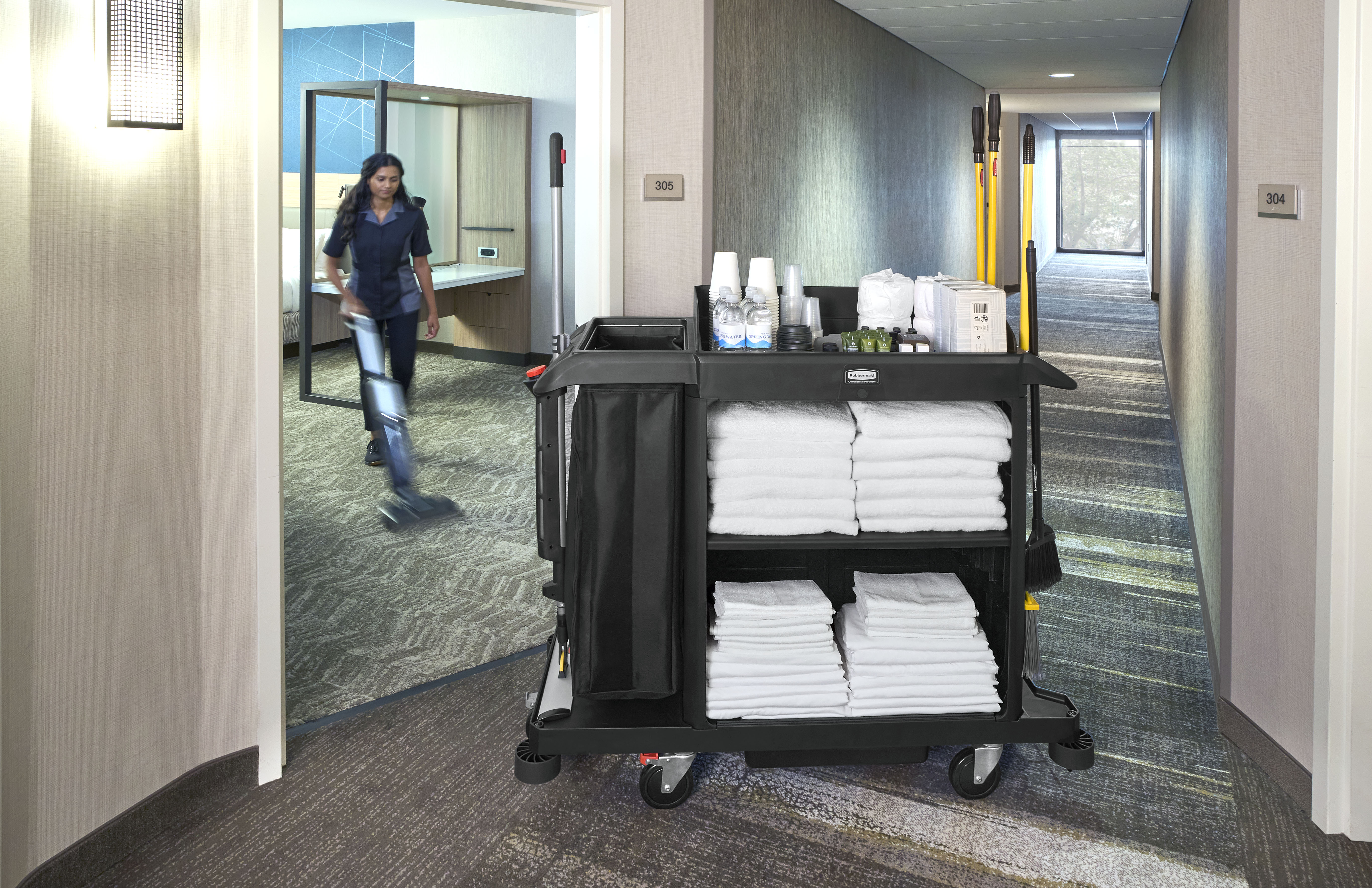 The Compact Housekeeping Cart is the complete system solution for efficient housekeeping, offering 360° maneuverability and customizable organization with an adjustable shelf.