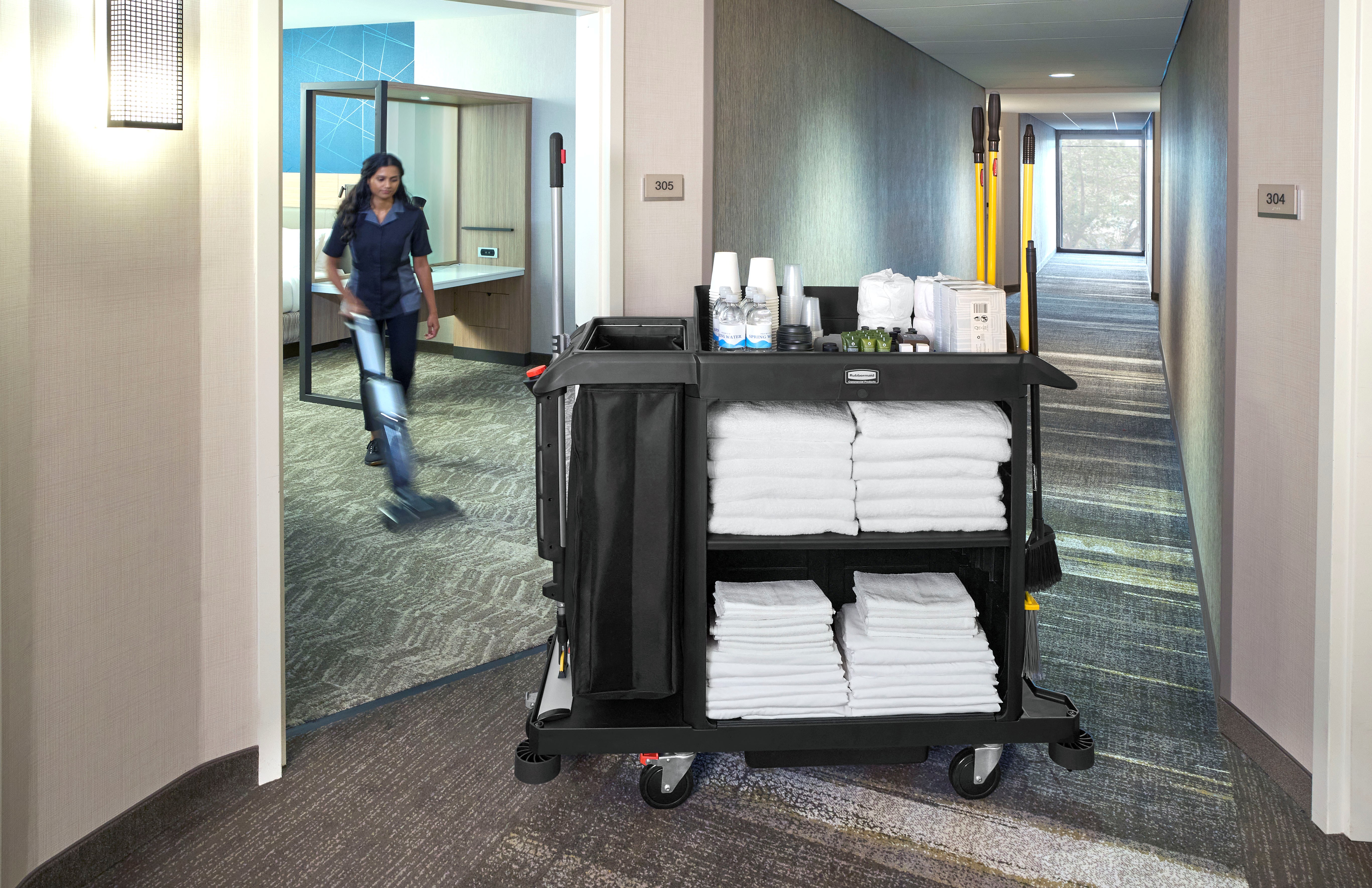 The Compact Housekeeping Cart is the complete system solution for efficient housekeeping, offering 360° maneuverability and customizable organization with an adjustable shelf.