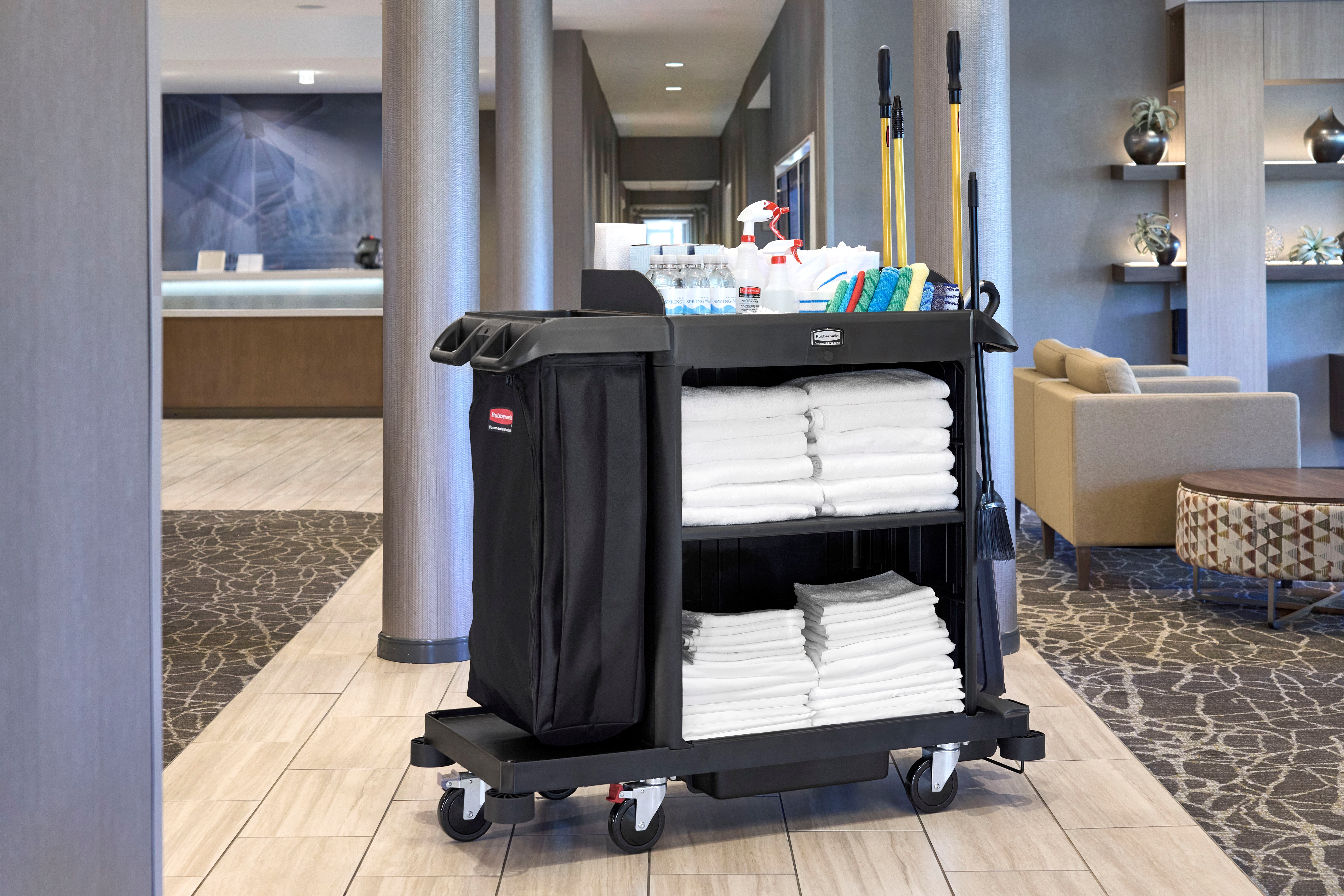 The Compact Housekeeping Cart is the complete system solution for efficient housekeeping, offering 360° maneuverability and customizable organization with an adjustable shelf.