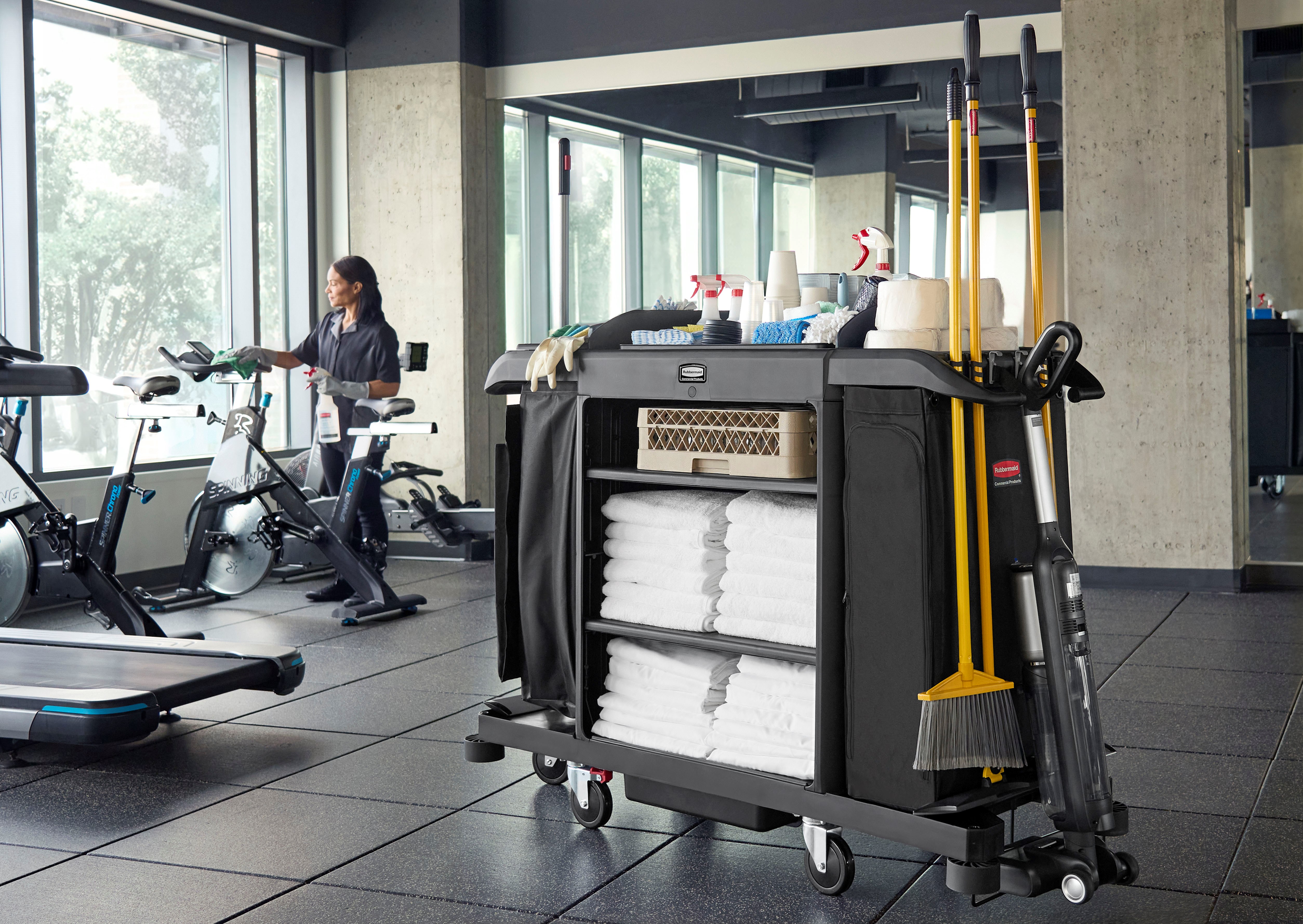 The Full-Size Housekeeping Cart with Accessory Bundle is the complete system solution for efficient housekeeping, offering 360° maneuverability and a new accessory bundle for improved cart organization.