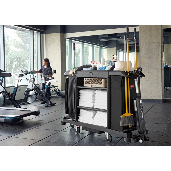 The Full-Size Housekeeping Cart with Accessory Bundle is the complete system solution for efficient housekeeping, offering 360° maneuverability and a new accessory bundle for improved cart organization.