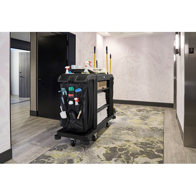 The 9-Pocket Organizer is designed to increase productivity by providing extra organization for housekeeping or janitor carts.