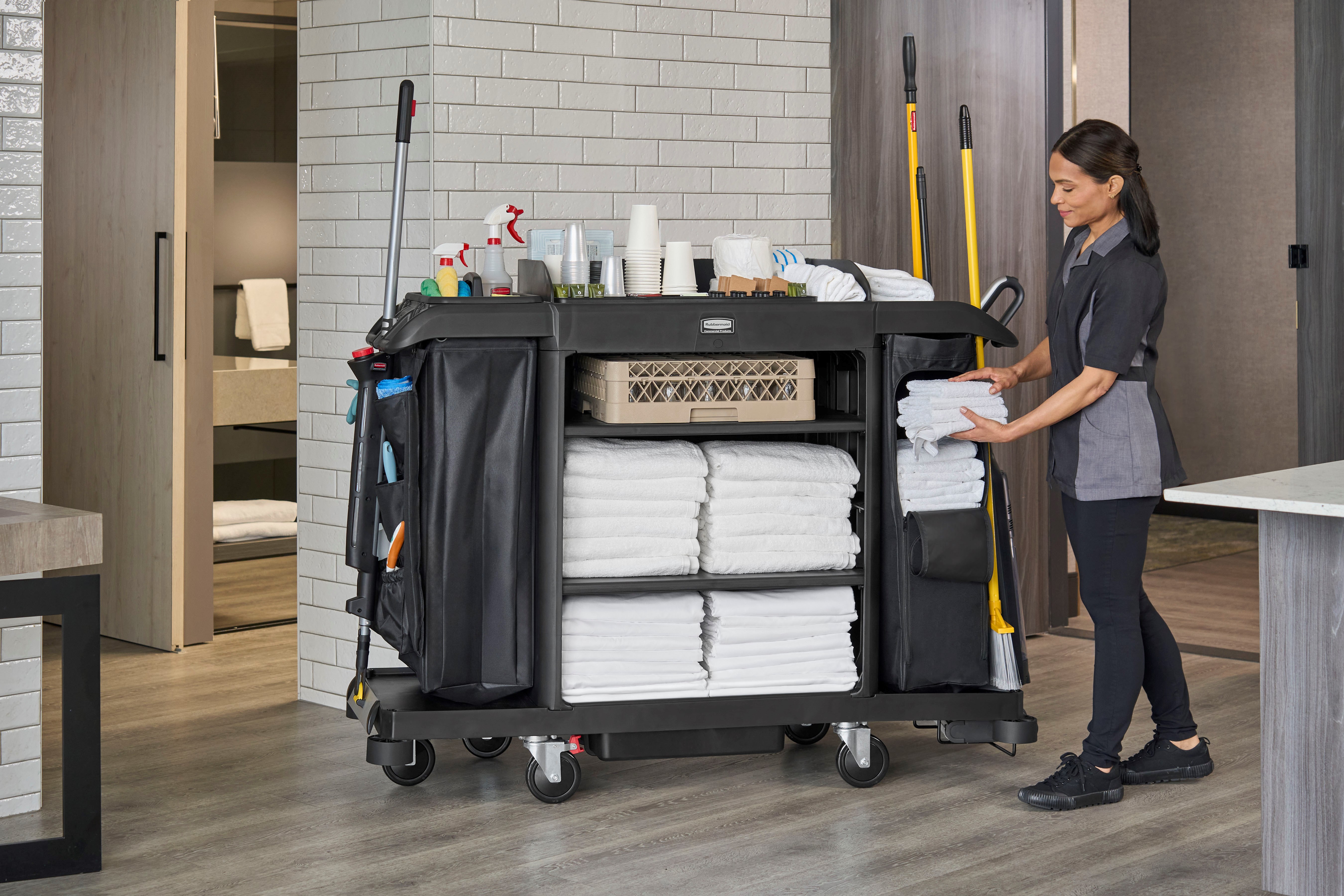 The Side-Load Linen Bag for Housekeeping Carts increases capacity for clean linens without the need for a larger cart.