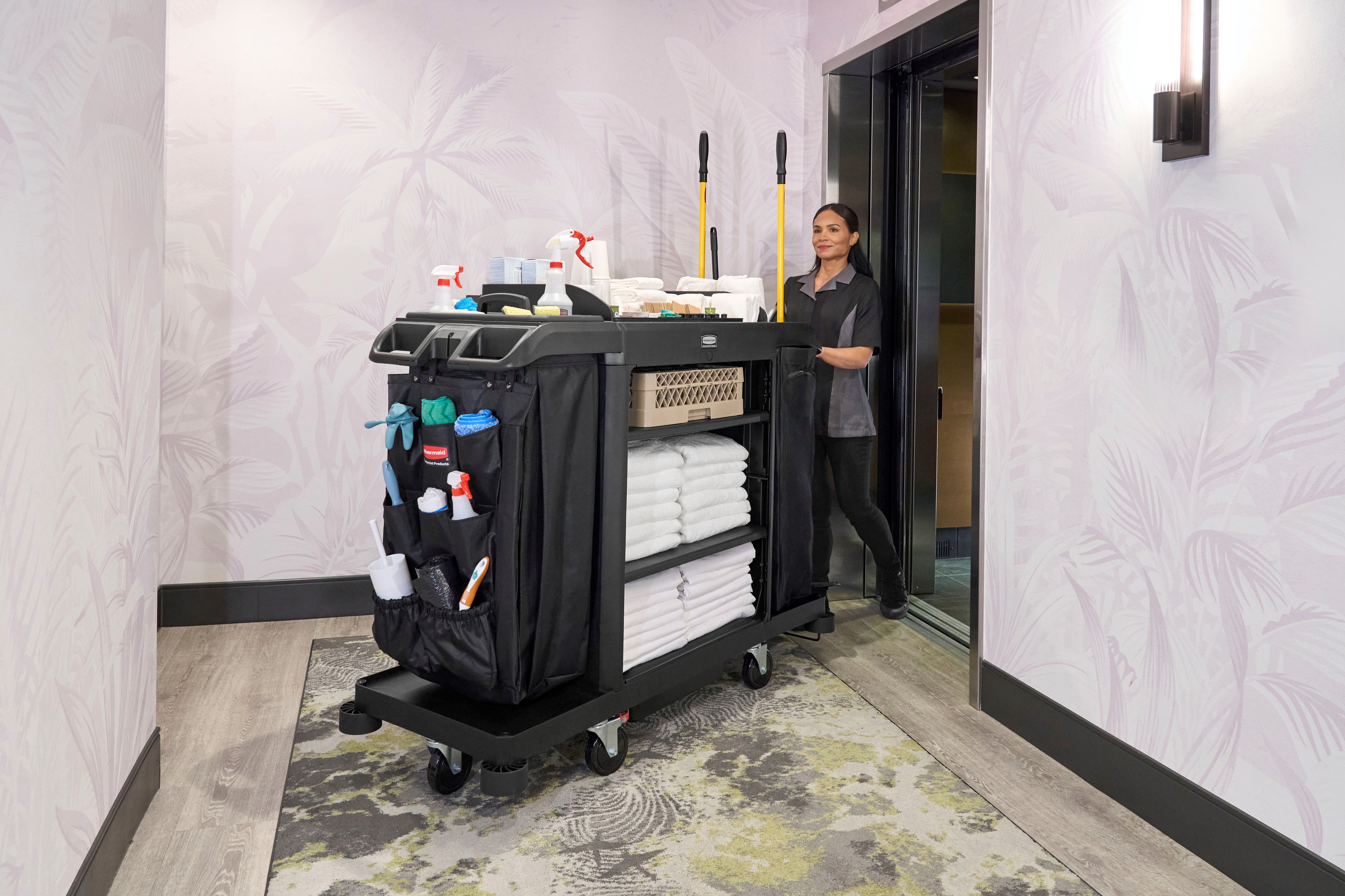The Full-Size Housekeeping Cart with Accessory Bundle is the complete system solution for efficient housekeeping, offering 360° maneuverability and a new accessory bundle for improved cart organization.