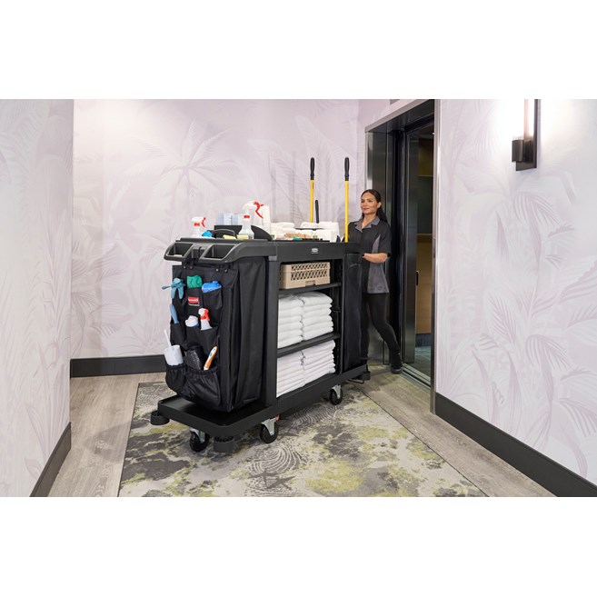 The Full-Size Housekeeping Cart with Accessory Bundle is the complete system solution for efficient housekeeping, offering 360° maneuverability and a new accessory bundle for improved cart organization.