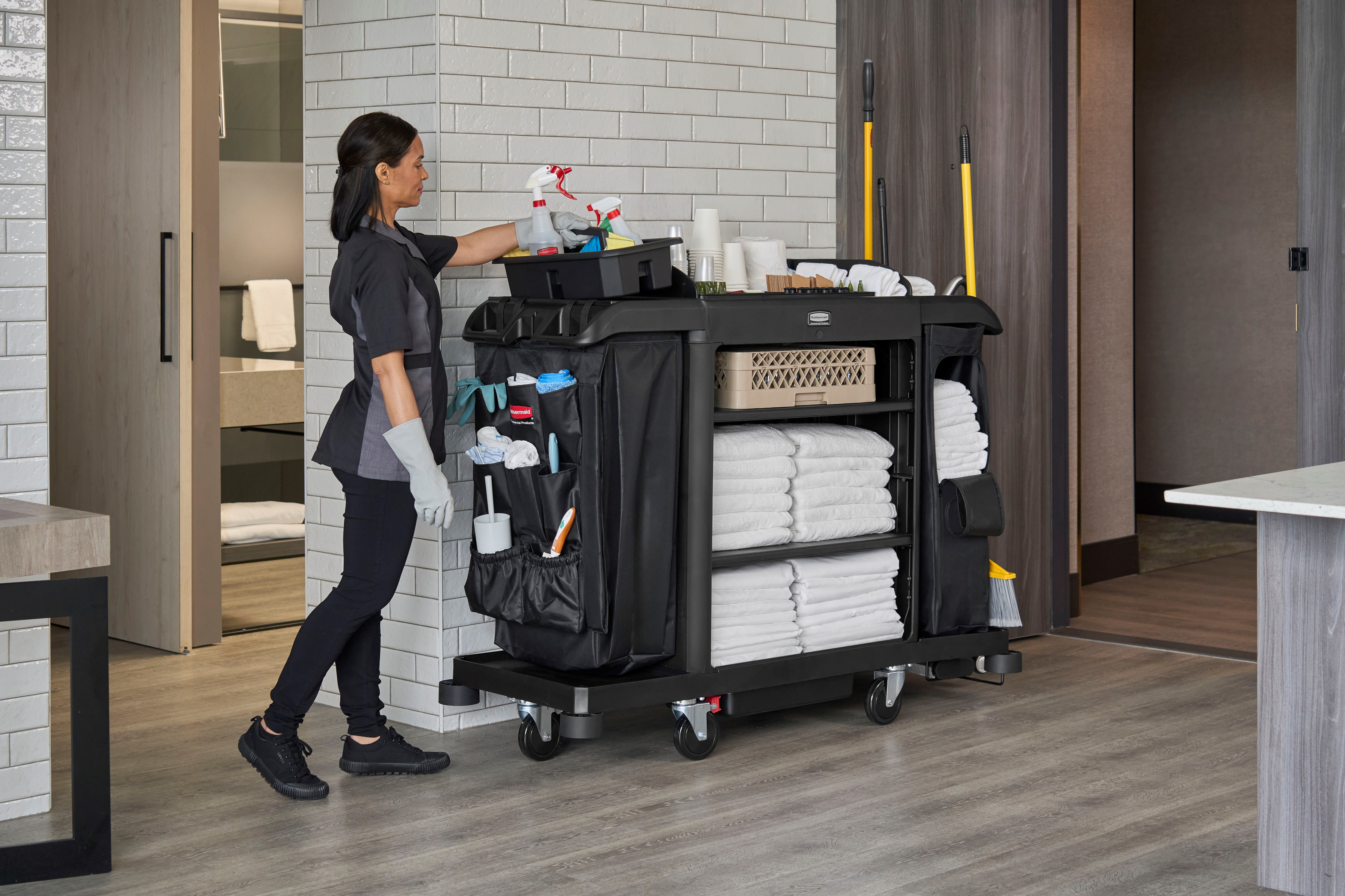 The Full-Size Housekeeping Cart with Accessory Bundle is the complete system solution for efficient housekeeping, offering 360° maneuverability and a new accessory bundle for improved cart organization.