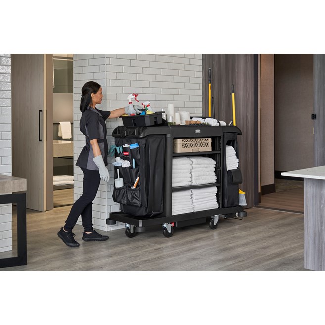 The Full-Size Housekeeping Cart with Accessory Bundle is the complete system solution for efficient housekeeping, offering 360° maneuverability and a new accessory bundle for improved cart organization.