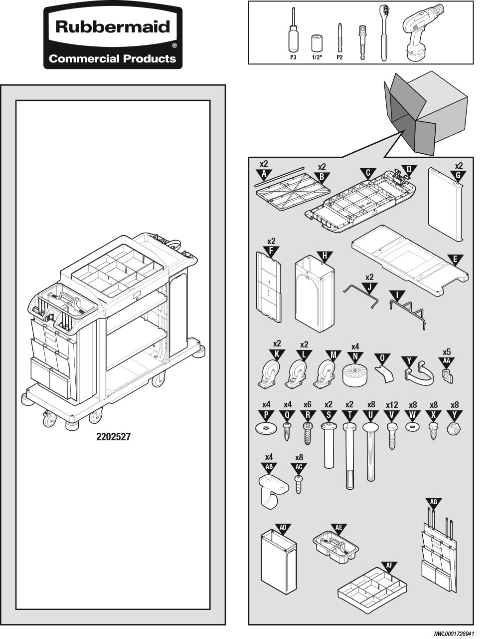 Full-Size Housekeeping Cart with Accessory Bundle Assembly Instructions (2202527)
