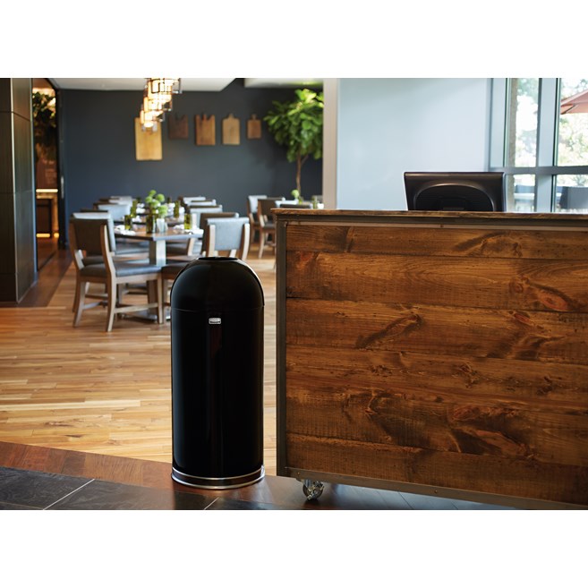 Featuring a classic, round top design, the Round Top 15 Gallon FGR1536 Round Top Decorative Indoor Waste Container is constructed from heavy-gauge, fire-safe steel and complies with OSHA standards.