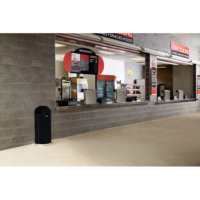 Featuring a classic, round top design, the Round Top 15 Gallon FGR1536 Round Top Decorative Indoor Waste Container is constructed from heavy-gauge, fire-safe steel and complies with OSHA standards.