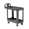 The BRUTE Heavy-Duty Utility Cart with Lipped Shelf transports materials, supplies, and heavy loads securely with up to 500 lbs. load capacity. The lipped shelves prevents items from falling off the cart and features an integrated V-notch to hold pipe and conduit securely for safe cutting.