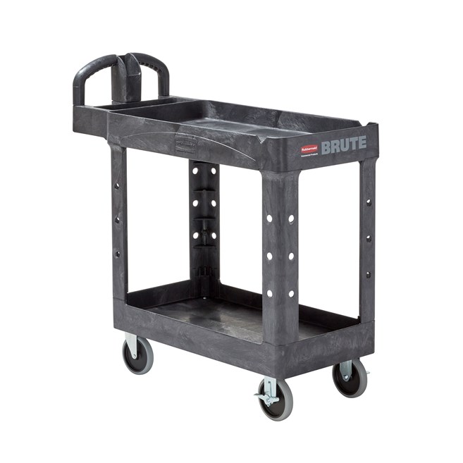The BRUTE Heavy-Duty Utility Cart with Lipped Shelf transports materials, supplies, and heavy loads securely with up to 500 lbs. load capacity. The lipped shelves prevents items from falling off the cart and features an integrated V-notch to hold pipe and conduit securely for safe cutting.