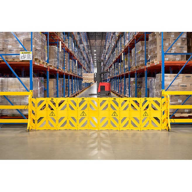 Easy to use, easy to see, easy to move, and easy to store mobile barrier uses articulating panels to extend to 13 feet long. It can be used straight, curved or circular. ANSI/OSHA-compliant colors.