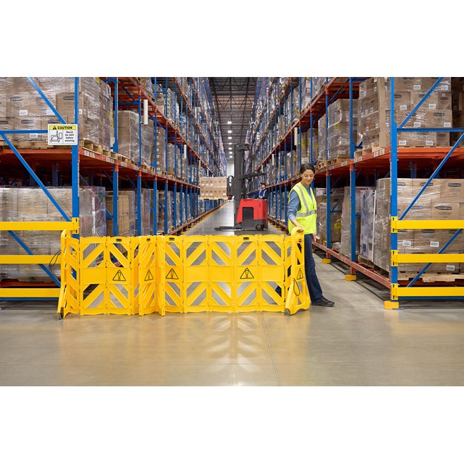 Easy to use, easy to see, easy to move, and easy to store mobile barrier uses articulating panels to extend to 13 feet long. It can be used straight, curved or circular. ANSI/OSHA-compliant colors.