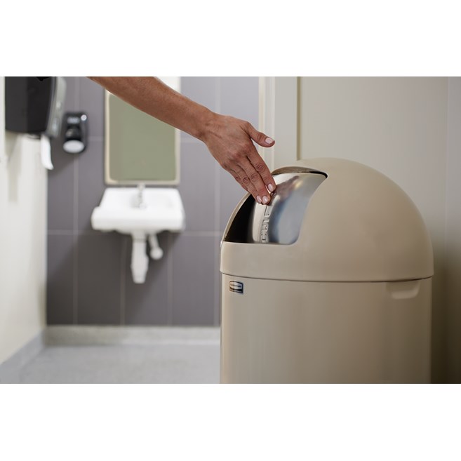 The Round Tops Push Door decorative refuse container have a classic, sleek design that beautifully blend into any indoor environment and open top for easy waste disposal.
