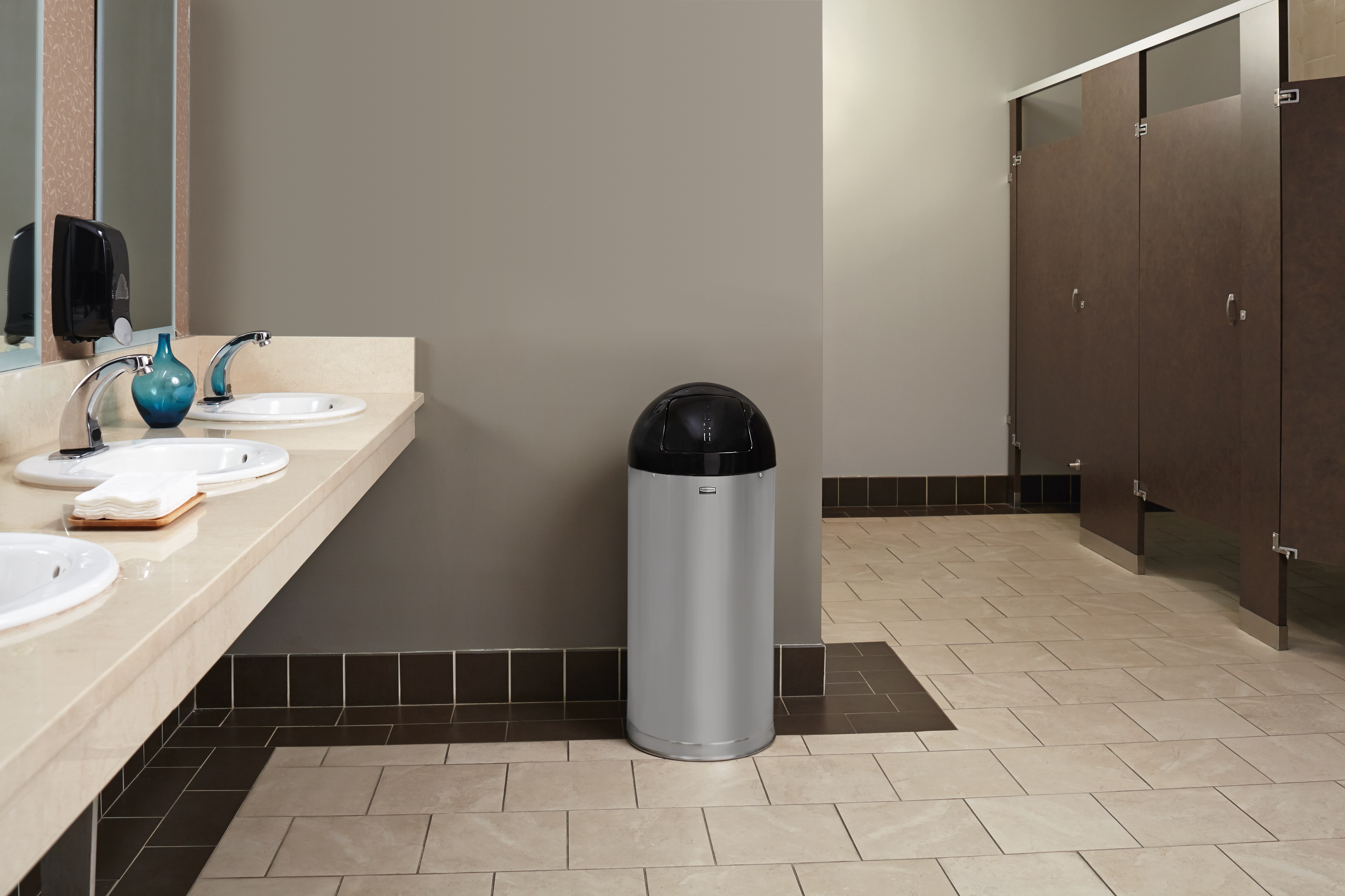 The Round Tops Push Door decorative refuse container have a classic, sleek design that beautifully blend into any indoor environment and open top for easy waste disposal.