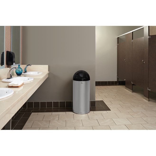 The Round Tops Push Door decorative refuse container have a classic, sleek design that beautifully blend into any indoor environment and open top for easy waste disposal.