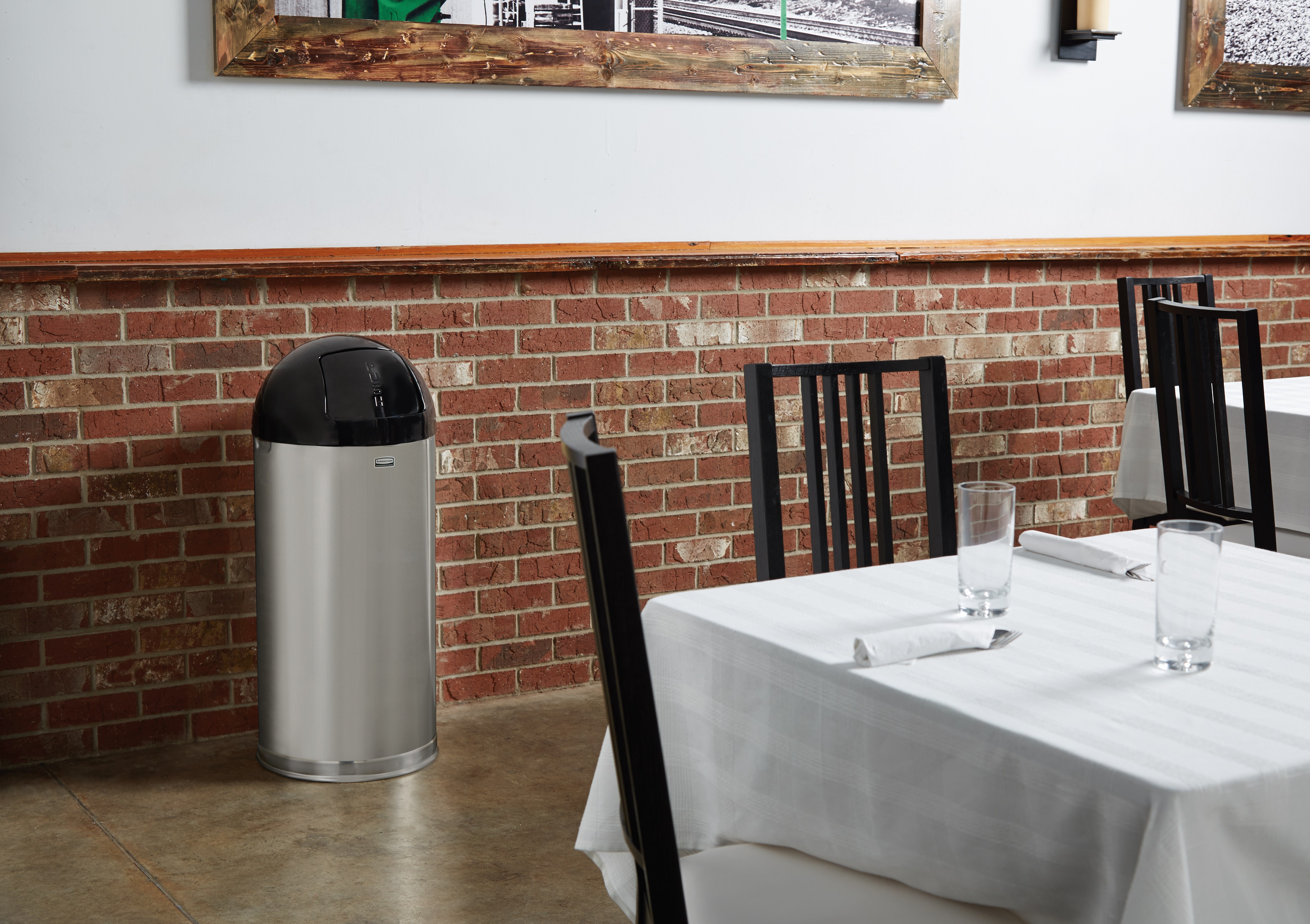 The Round Tops Push Door decorative refuse container have a classic, sleek design that beautifully blend into any indoor environment and open top for easy waste disposal.