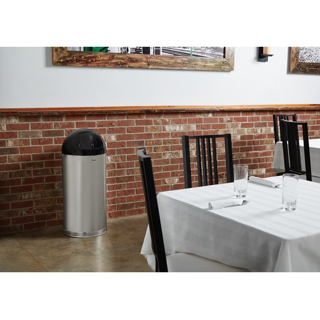 The Round Tops Push Door decorative refuse container have a classic, sleek design that beautifully blend into any indoor environment and open top for easy waste disposal.