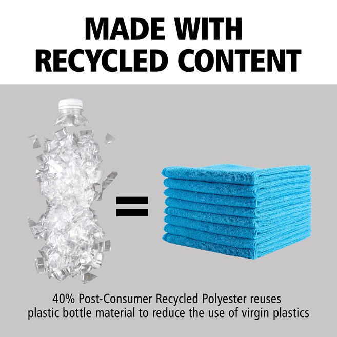 HYGEN™ r-40 Recycled Microfiber Cloths are made with 40% post-consumer recycled polyester and engineered for superior performance and durability. Made to withstand 200 commercial launderings (100 with bleach), staying bright for easy color coding.