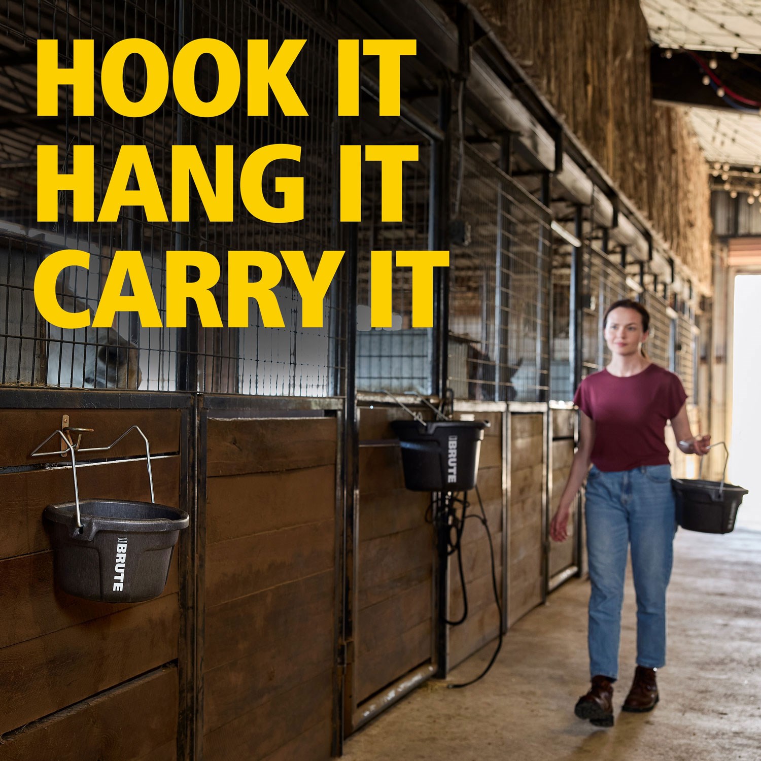 The Rubbermaid Commercial Products BRUTE 5 Gallon 3-in-1 Flat Back Bucket is built for easy feeding, and carrying, just hook it, hang it, or carry it, the flat-back design fits seamlessly on corrals and fences, perfect for on the go feeding.