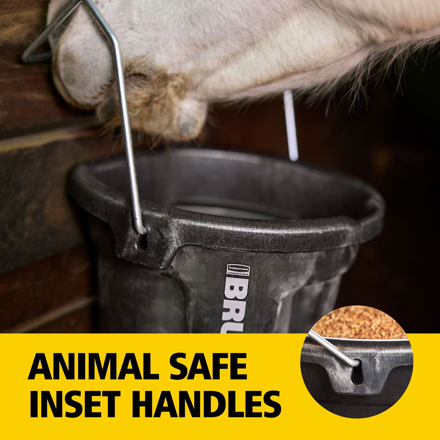 The Rubbermaid Commercial Products BRUTE 5 Gallon 3-in-1 Flat Back Bucket is built for easy feeding, and carrying, just hook it, hang it, or carry it, the flat-back design fits seamlessly on corrals and fences, perfect for on the go feeding.