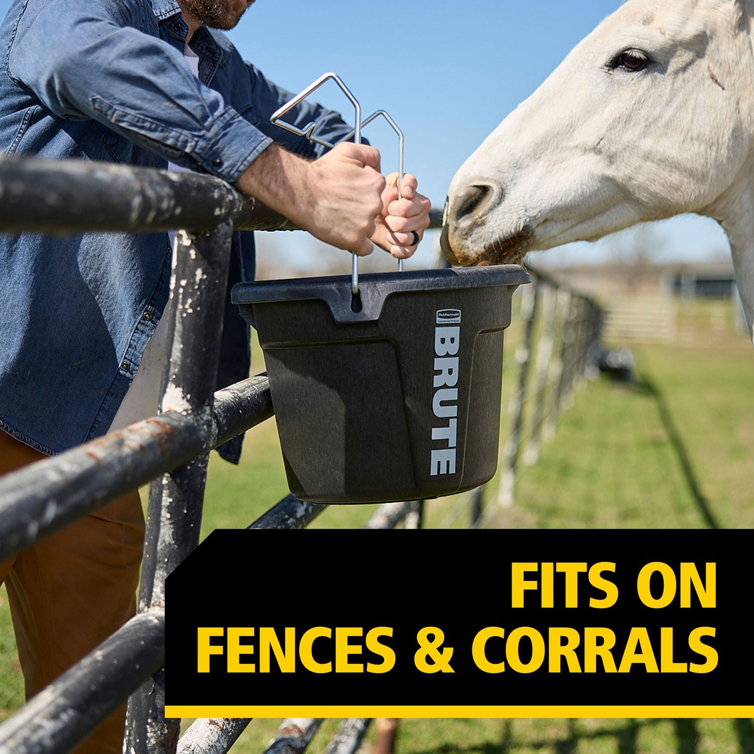 The Rubbermaid Commercial Products BRUTE 5 Gallon 3-in-1 Flat Back Bucket is built for easy feeding, and carrying, just hook it, hang it, or carry it, the flat-back design fits seamlessly on corrals and fences, perfect for on the go feeding.