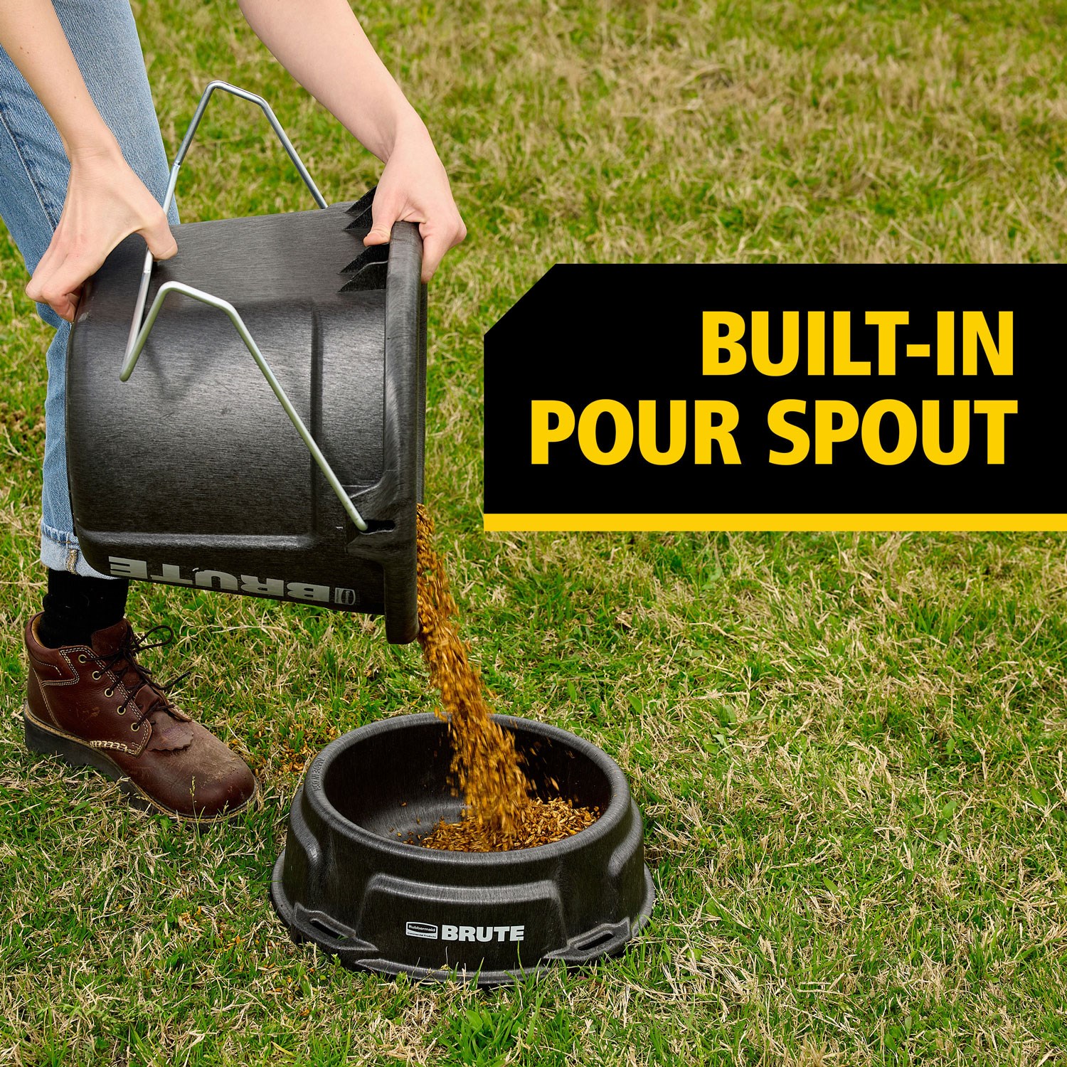 The Rubbermaid Commercial Products BRUTE 5 Gallon 3-in-1 Flat Back Bucket is built for easy feeding, and carrying, just hook it, hang it, or carry it, the flat-back design fits seamlessly on corrals and fences, perfect for on the go feeding.