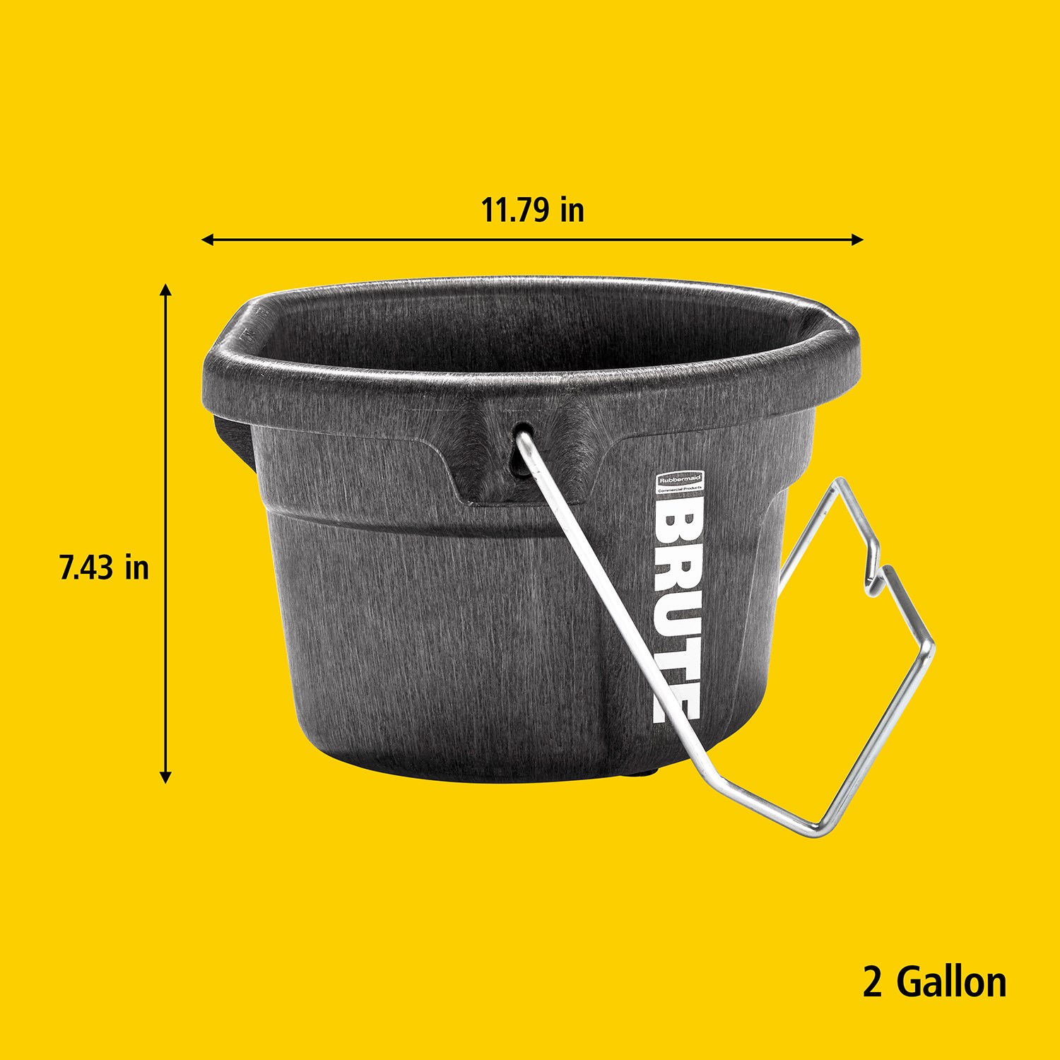 The Rubbermaid Commercial Products BRUTE 2 Gallon 3-in-1 Flat Back Bucket is built for easy feeding, and carrying, just hook it, hang it, or carry it, the flat-back design fits seamlessly on corrals and fences, perfect for on the go feeding.