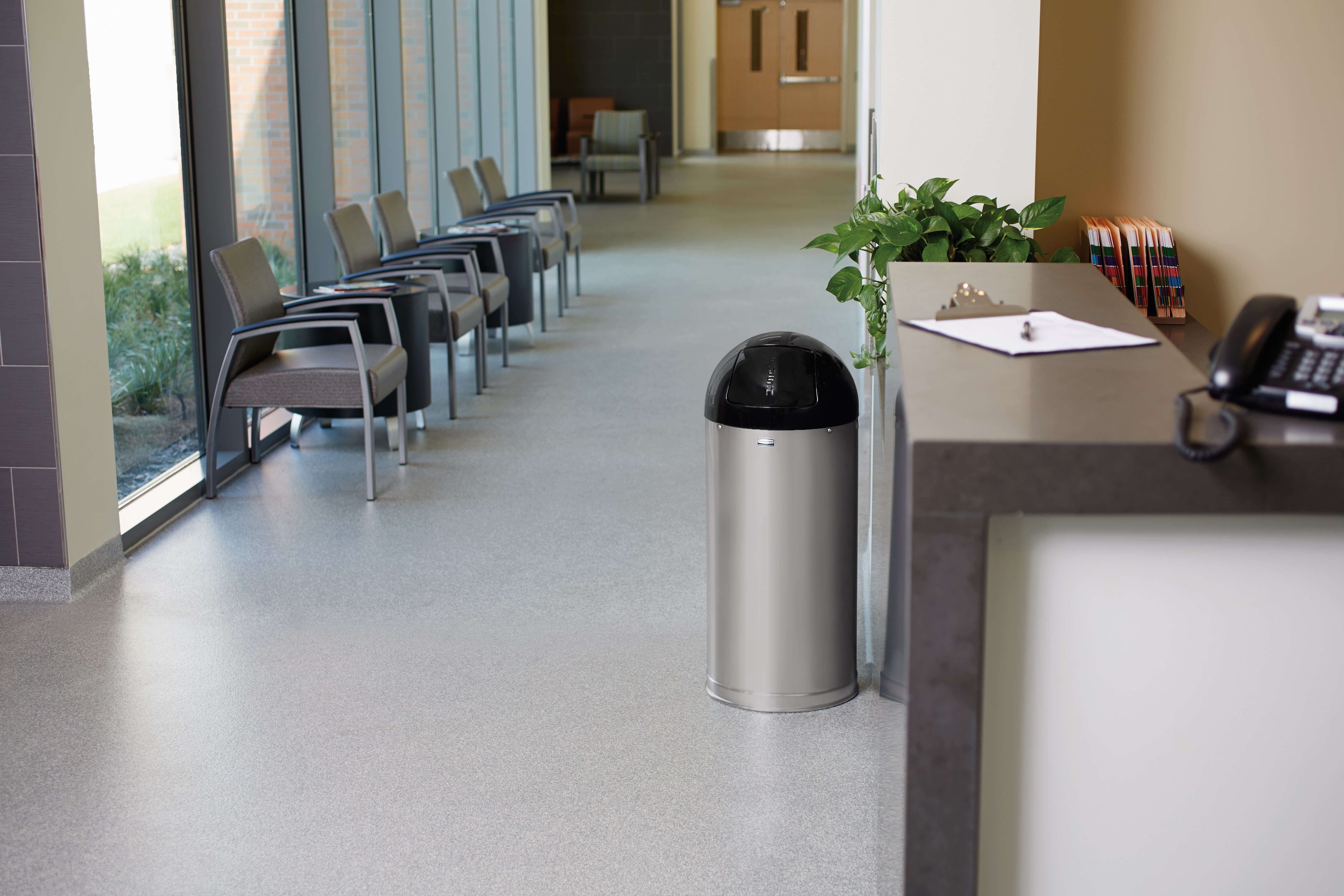 The Round Tops Push Door decorative refuse container have a classic, sleek design that beautifully blend into any indoor environment and open top for easy waste disposal.