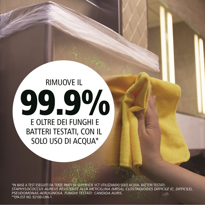 I panni in microfibra riciclata HYGEN™ r-40 sono realizzati con il 40% di poliestere riciclato post-consumo e progettati per garantire prestazioni e durata superiori. Resistono a 200 lavaggi industriali (100 con candeggina) mantenendo colori brillanti per una facile codifica a colori.