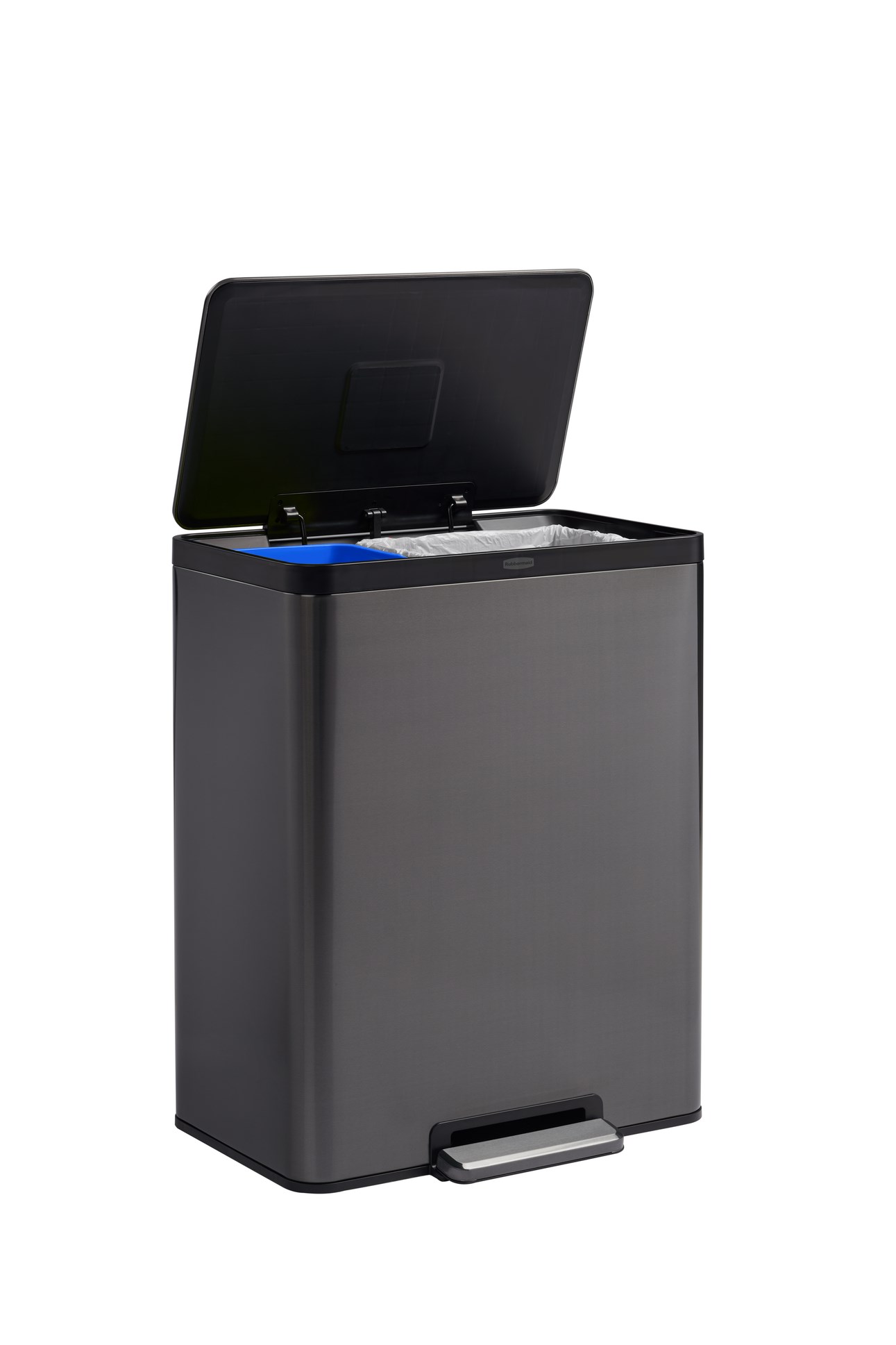 Dual stream 60L step-on bin with colour-coded liners for waste and recycling.
Rubbermaid stainless steel pedal with quiet-close lid for professional facilities.