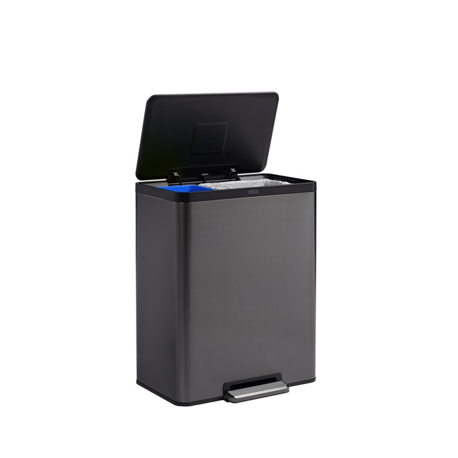 Dual stream 60L step-on bin with colour-coded liners for waste and recycling.
Rubbermaid stainless steel pedal with quiet-close lid for professional facilities.