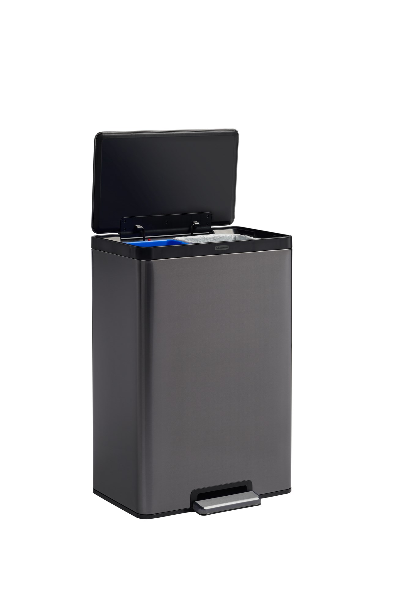 Space-saving 39L dual stream step-on bin for efficient waste and recycling separation.
Rubbermaid charcoal stainless steel finish resists smudges with a hygienic pedal design.
