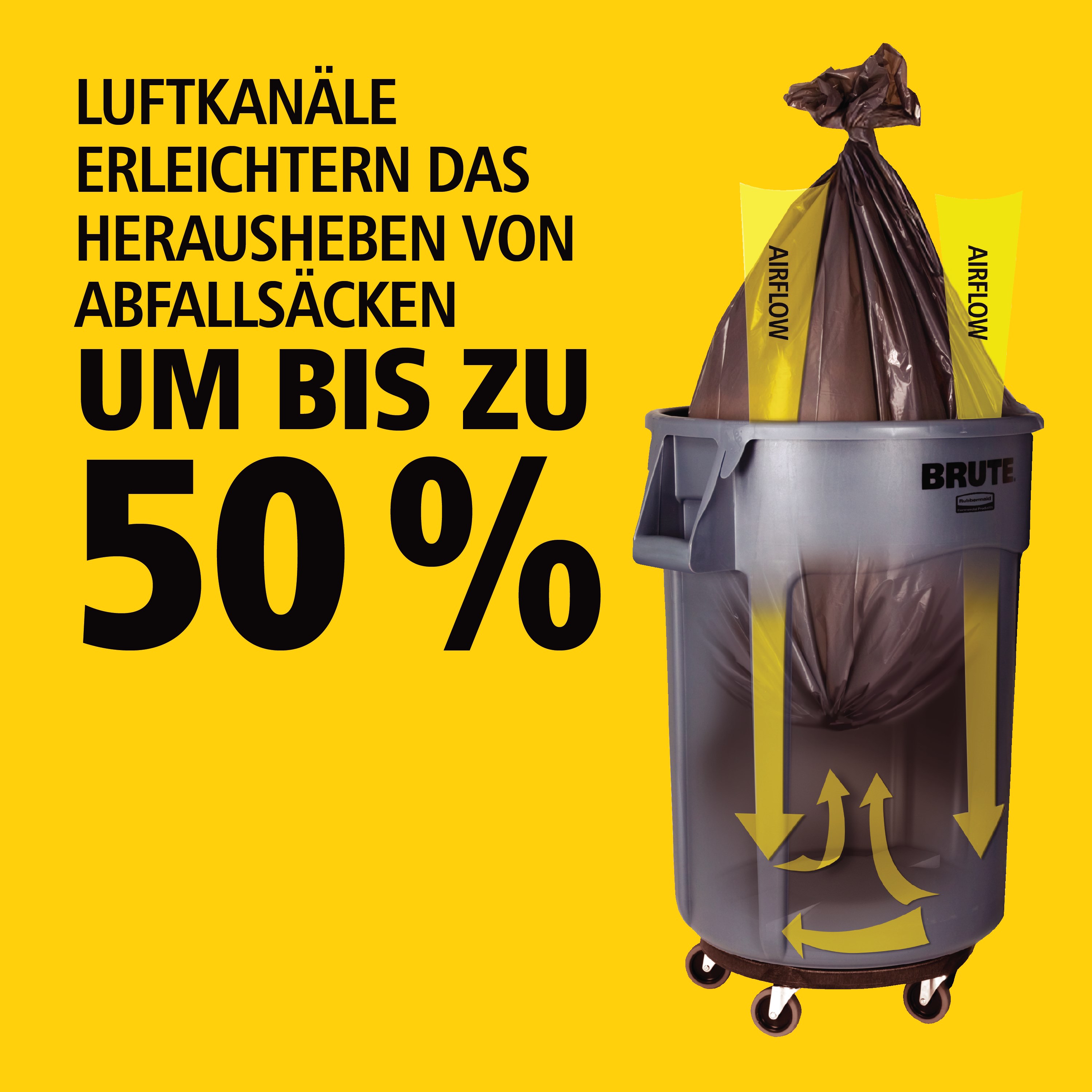 Durch die innovativen Luftkanäle ist das Herausheben voller Müllsäcke um 50 % leichter. Dies steigert die Produktivität und mindert gleichzeitig das Risiko von Verletzungen.