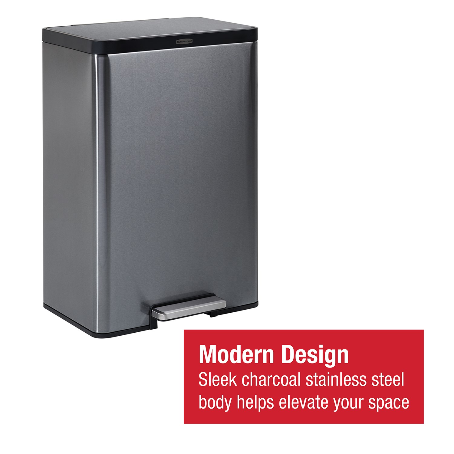 Durable 46L stainless steel step-on bin with lid lock and quiet-close technology.
Rubbermaid pedal design ensures hands-free use, reducing noise and improving hygiene.Rubbermaid design with slow-close lid, fingerprint-resistant finish, and removable liner.