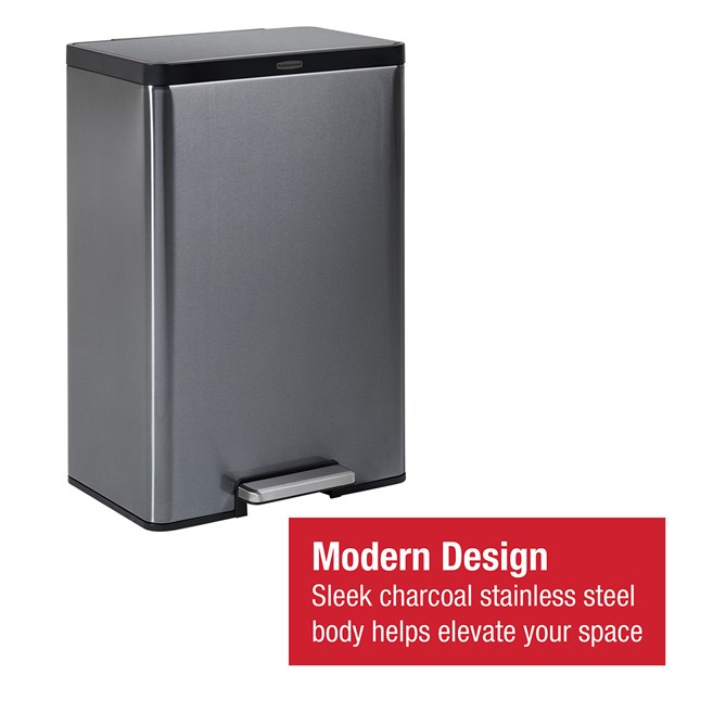 Durable 46L stainless steel step-on bin with lid lock and quiet-close technology.
Rubbermaid pedal design ensures hands-free use, reducing noise and improving hygiene.Rubbermaid design with slow-close lid, fingerprint-resistant finish, and removable liner.