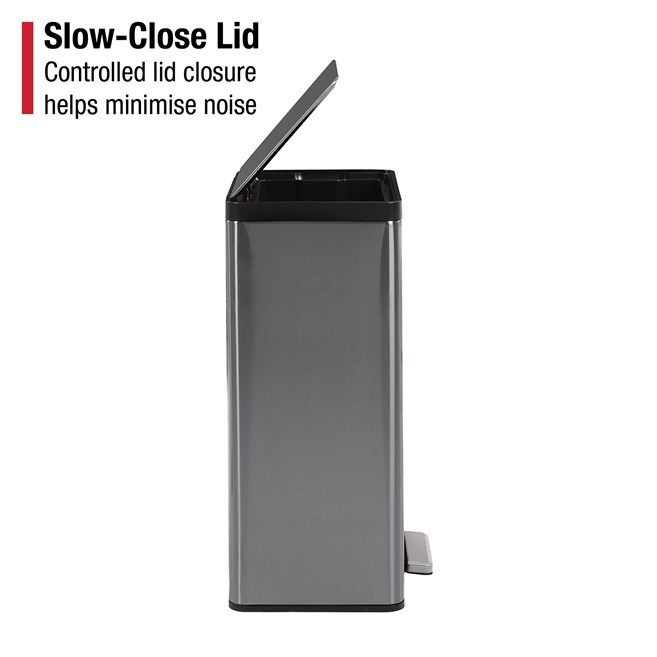 Durable 46L stainless steel step-on bin with lid lock and quiet-close technology.
Rubbermaid pedal design ensures hands-free use, reducing noise and improving hygiene.Rubbermaid design with slow-close lid, fingerprint-resistant finish, and removable liner.