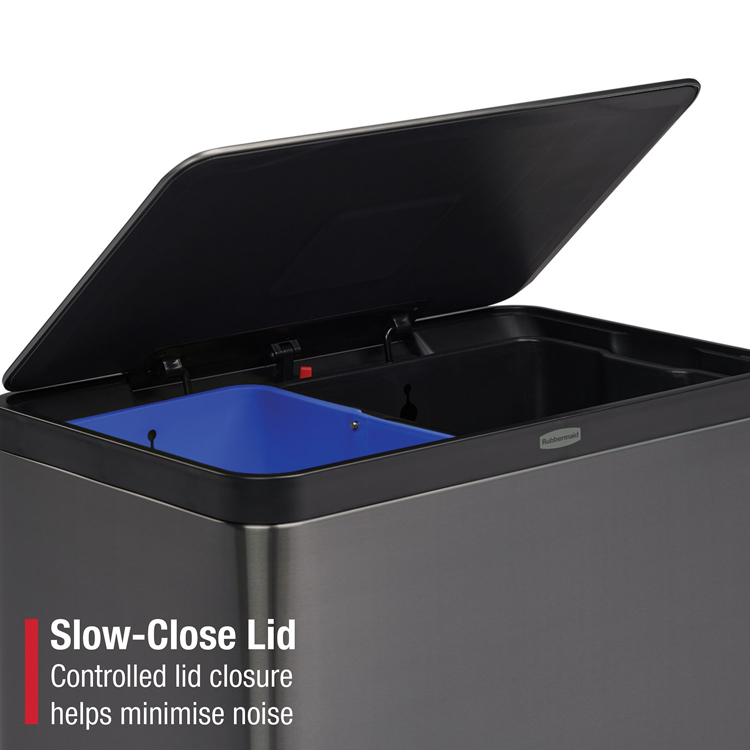 Dual stream 60L step-on bin with colour-coded liners for waste and recycling.
Rubbermaid stainless steel pedal with quiet-close lid for professional facilities.