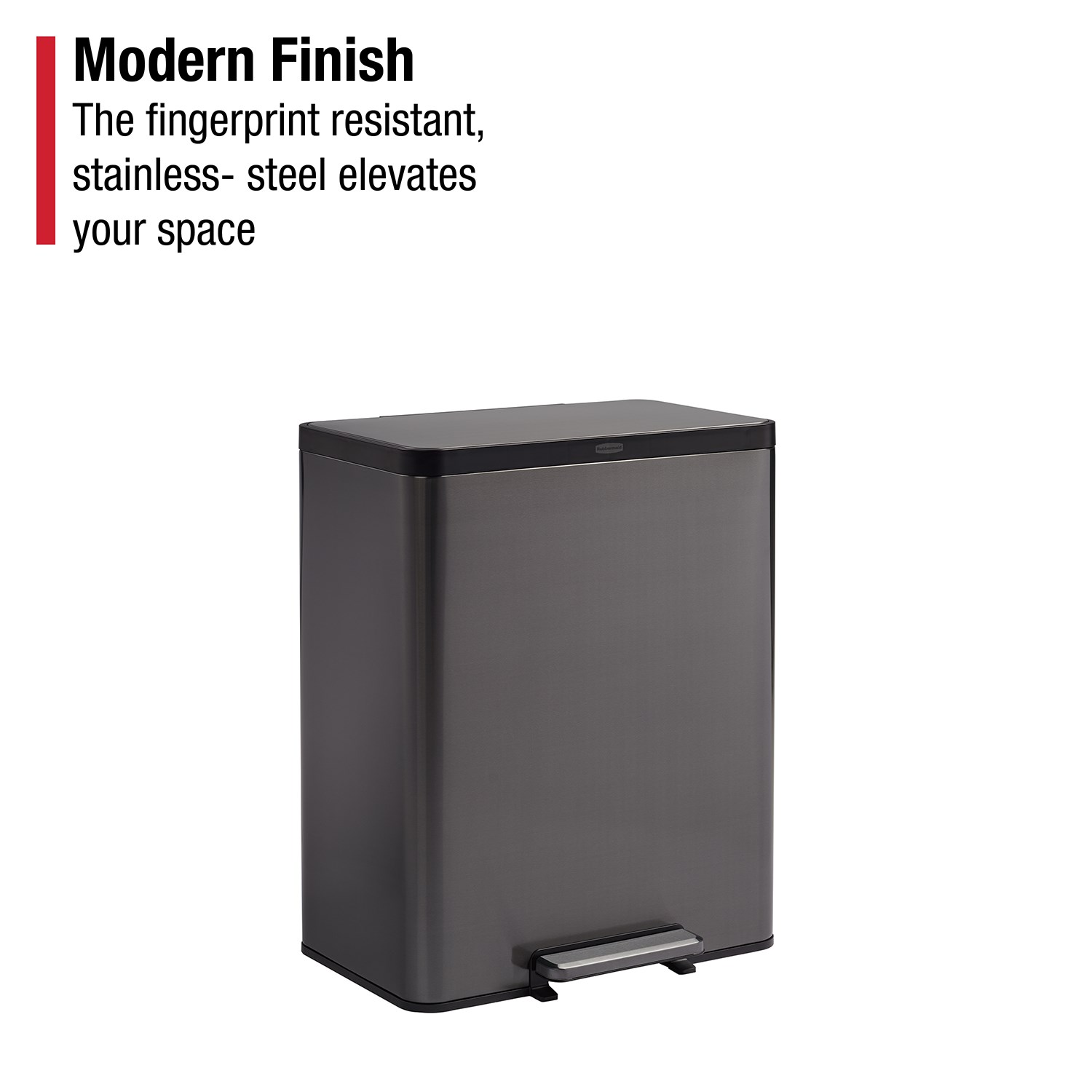 Dual stream 60L step-on bin with colour-coded liners for waste and recycling.
Rubbermaid stainless steel pedal with quiet-close lid for professional facilities.