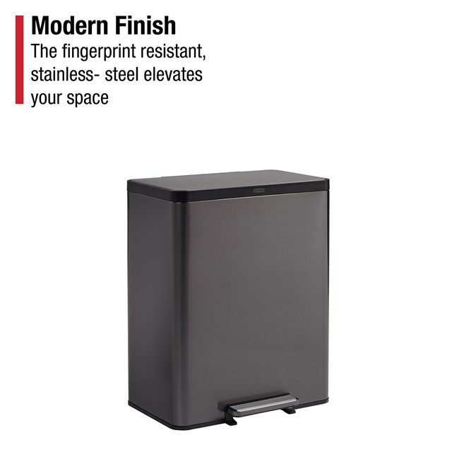 Dual stream 60L step-on bin with colour-coded liners for waste and recycling.
Rubbermaid stainless steel pedal with quiet-close lid for professional facilities.