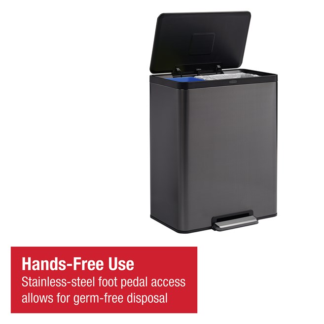 Dual stream 60L step-on bin with colour-coded liners for waste and recycling.
Rubbermaid stainless steel pedal with quiet-close lid for professional facilities.