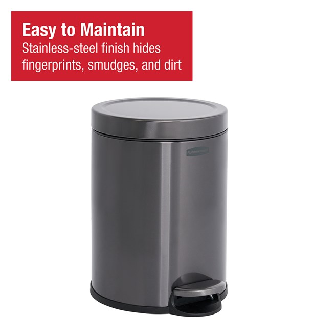 Compact 6L stainless steel step-on bin with lid, ideal for washrooms and hotel rooms.
Rubbermaid design with slow-close lid, fingerprint-resistant finish, and removable liner. Rubbermaid hands-free pedal and slow-close lid, ideal for offices, hotels, and washrooms.