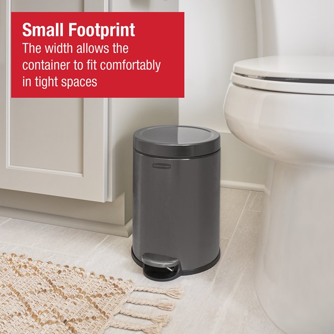 Compact 6L stainless steel step-on bin with lid, ideal for washrooms and hotel rooms.
Rubbermaid design with slow-close lid, fingerprint-resistant finish, and removable liner. Rubbermaid hands-free pedal and slow-close lid, ideal for offices, hotels, and washrooms.