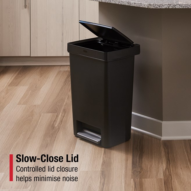 Durable 87L stainless steel step-on bin with lid lock and quiet-close technology.
Rubbermaid pedal design ensures hands-free use, reducing noise and improving hygiene.