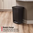 Durable 87L stainless steel step-on bin with lid lock and quiet-close technology.
Rubbermaid pedal design ensures hands-free use, reducing noise and improving hygiene.