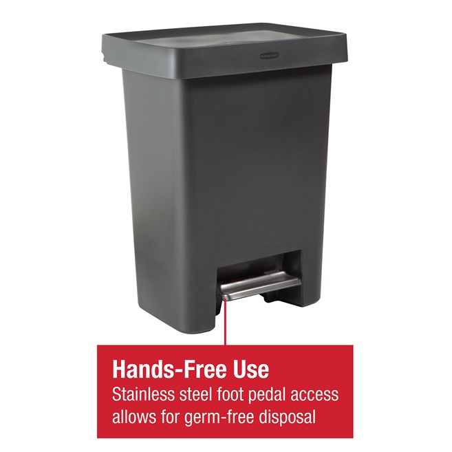 Large-capacity 71L step-on bin built for facilities requiring hygiene and durability.
Rubbermaid stainless steel pedal with secure liner lock and vented interior for easy servicing.